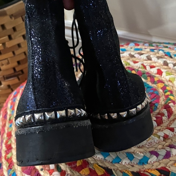 Calleen Cordero Navy Metallic Leather glitter Studded Women's Boots - Picture 3 of 7